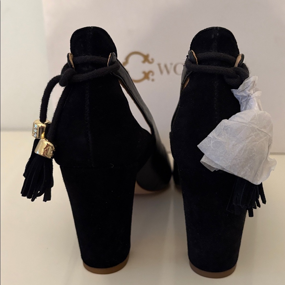 C Wonder Charlotte Leather & Suede Black Heel Pump Tassels Size 8.5 NIB - Picture 5 of 6